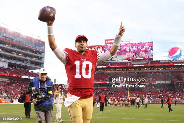 Jimmy Garoppolo of the San Francisco 49ers walks off the field after a win over the New Orleans Saints at Levi's Stadium on November 27, 2022 in...