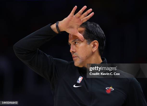 Head coach Erik Spoelstra of the Miami Heat reacts against the Atlanta Hawks during the first half at State Farm Arena on November 27, 2022 in...