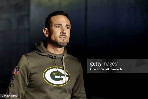 Head coach Matt LaFleur of the Green Bay Packers looks on before the game against the Philadelphia Eagles at Lincoln Financial Field on November 27,...