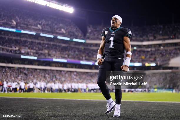 Jalen Hurts of the Philadelphia Eagles reacts in the end zone prior to the game against the Green Bay Packers at Lincoln Financial Field on November...