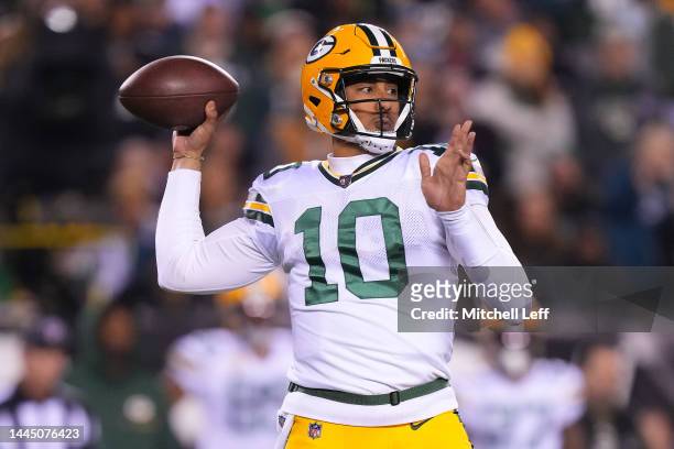 Jordan Love of the Green Bay Packers throws a pass during the fourth quarter against the Philadelphia Eagles at Lincoln Financial Field on November...