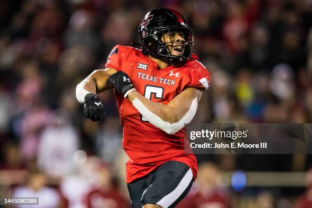 Linebacker Kosi Eldrige of the Texas Tech Red Raiders celebrates during the first half against the Oklahoma Sooners at Jones AT&T Stadium on November...