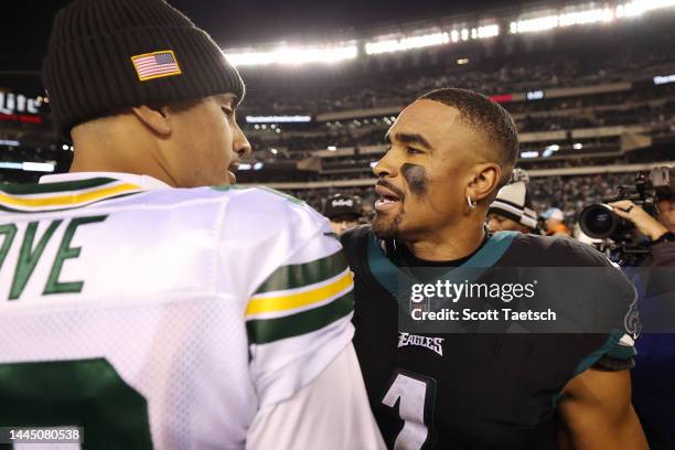 Jordan Love of the Green Bay Packers greets Jalen Hurts of the Philadelphia Eagles after the Philadelphia Eagles defeated the Green Bay Packers 40-33...