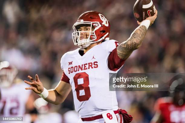 Quarterback Dillon Gabriel of the Oklahoma Sooners passes the ball during the first half against the Texas Tech Red Raiders at Jones AT&T Stadium on...