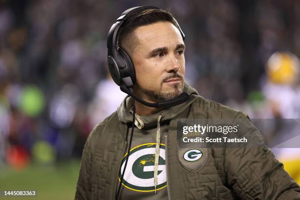 Head coach Matt LaFleur of the Green Bay Packers looks on during the second half against the Philadelphia Eagles at Lincoln Financial Field on...