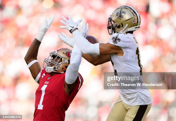 Jimmie Ward of the San Francisco 49ers breaks up a pass intended for Chris Olave of the New Orleans Saints in the second quarter at Levi's Stadium on...