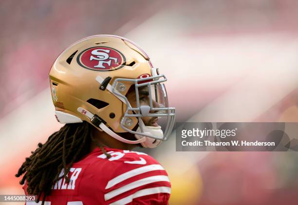 Fred Warner of the San Francisco 49ers looks on from the sidelines prior to the start of the game against the New Orleans Saints at Levi's Stadium on...