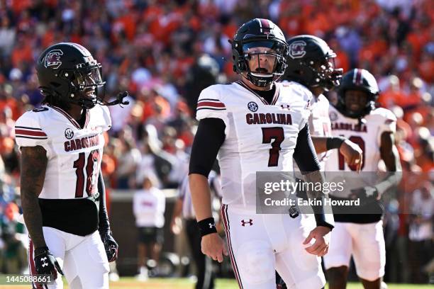 Spencer Rattler of the South Carolina Gamecocks celebrates a second quarter touchdown against the Clemson Tigers at Memorial Stadium on November 26,...