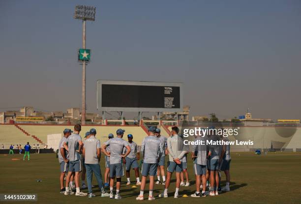 England players gather ahead of a Net Session at Rawalpindi Cricket Stadium on November 28, 2022 in Rawalpindi, Pakistan.