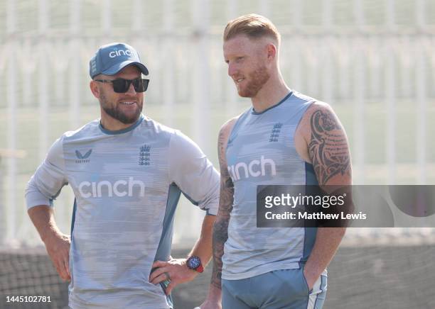 Brendon McCullum, Head Coach of England and Ben Stokes of England pictured during a practice during a Nets Session ahead of the First Test match at...
