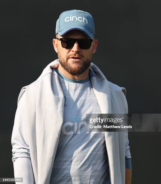 Brendon McCullum, Head Coach of England pictured during a Nets Session ahead of the First Test match at Rawalpindi Cricket Stadium on November 28,...