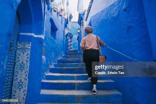 rear view asian chinese female tourist walking into alley in chefchaouen admiring the surrounding blue wall - africa tourism stock pictures, royalty-free photos & images