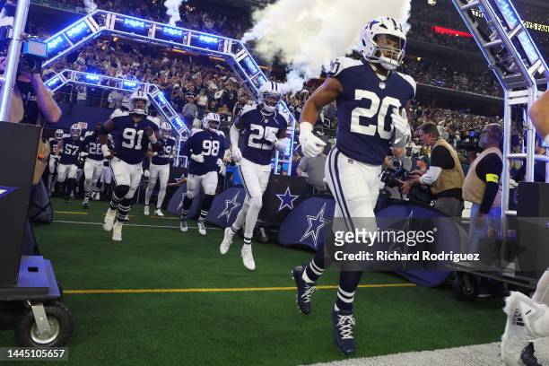 Tony Pollard of the Dallas Cowboys runs onto the fied before the game against the New York Giants at AT&T Stadium on November 24, 2022 in Arlington,...