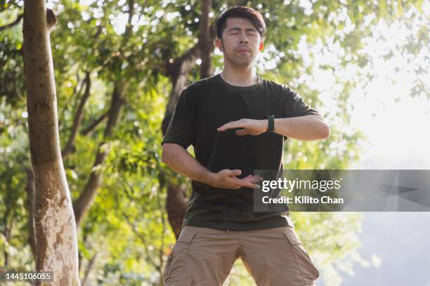 asian man practicing tai-chi in a park - practising tai-chi stock pictures, royalty-free photos & images