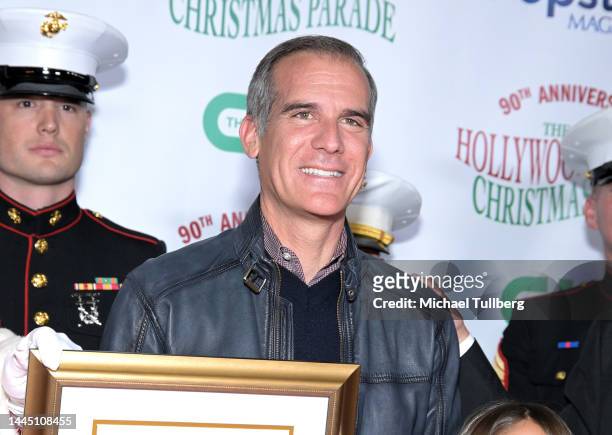 Los Angeles Mayor Eric Garcetti attends the 90th Anniversary of the Hollywood Christmas Parade supporting Marine Toys For Tots on November 27, 2022...