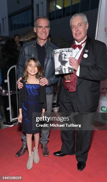 Maya Juanita Garcetti, Los Angeles Mayor Eric Garcetti and Steve Moyer attend the 90th Anniversary of the Hollywood Christmas Parade supporting...