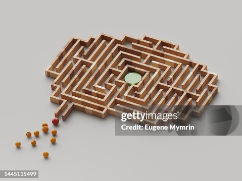 3D wooden maze shaped brain with colored spheres