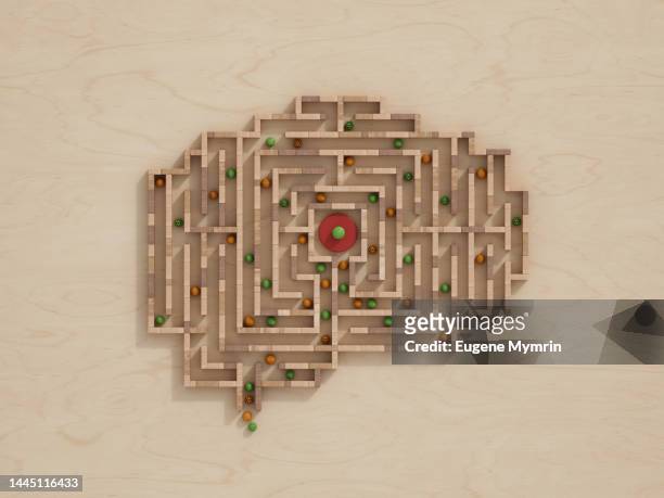 3d wooden maze shaped brain with colored spheres - sensory perception stock photos et images de collection