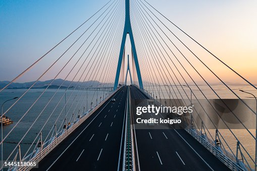 Aerial photography of cross-sea highway at sunset