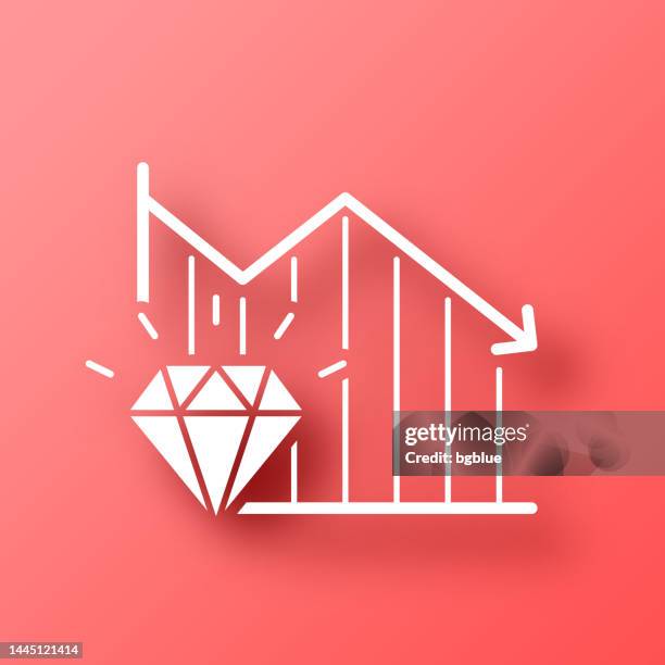 declining graph with diamond. icon on red background with shadow - stone falling stock illustrations