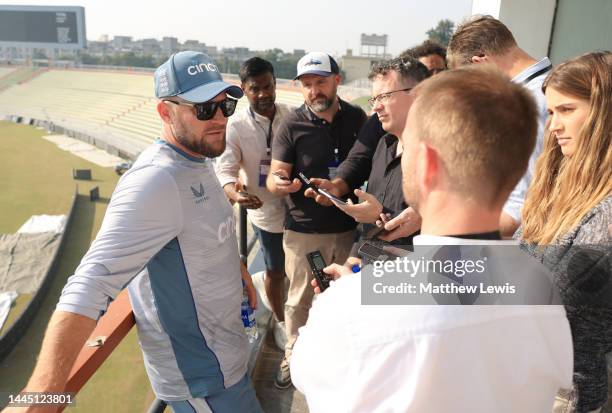 Brendon McCullum, Head Coach of England talks to the English media ahead of the First Test match at Rawalpindi Cricket Stadium on November 28, 2022...