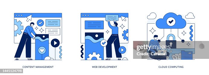Content Management, Web Development and Cloud Computing Thin Line Illustrations Content Management, Web Development and Cloud Computing Thin Line Illustrations