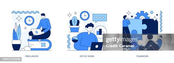 freelancer, office work, teamwork thin line illustration - young man using computer stock illustrations