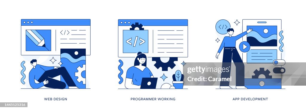 Webdesign, Computerprogrammierer, Mobile App Entwicklung Dünne Linie Illustrationen