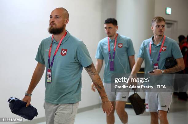 Predrag Rajkovic of Serbia arrives at the stadium prior to the FIFA World Cup Qatar 2022 Group G match between Cameroon and Serbia at Al Janoub...