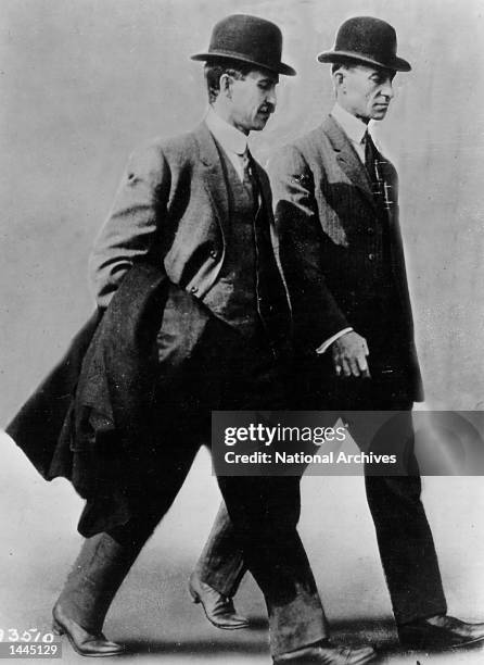 Orville and Wilbur Wright at an air meet in Belmont, New York, 1910.