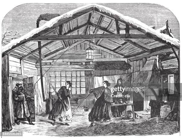 a hut in the crimea, a russian man enters the room of 3 ladies - woman entering home stock illustrations