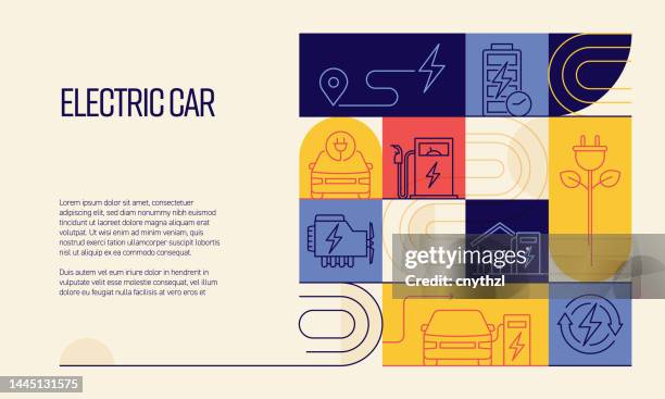 stockillustraties, clipart, cartoons en iconen met electric car related design with line icons. simple outline symbol icons. - hybrid vehicle