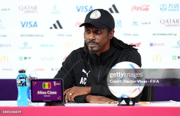 Aliou Cisse, Head Coach of Senegal, speaks during the Senegal Press Conference at Main Media Center on November 28, 2022 in Doha, Qatar.