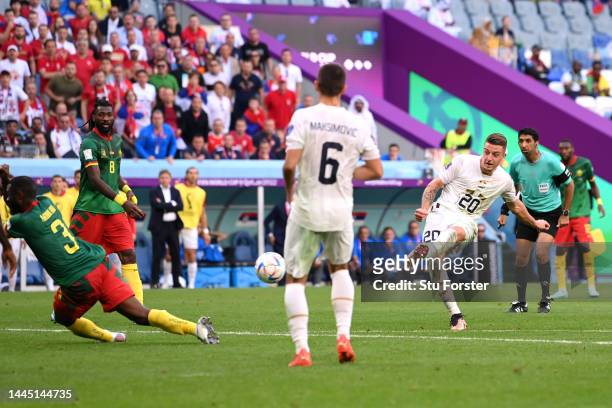 Sergej Milinkovic-Savic of Serbia scores their team's second goal during the FIFA World Cup Qatar 2022 Group G match between Cameroon and Serbia at...