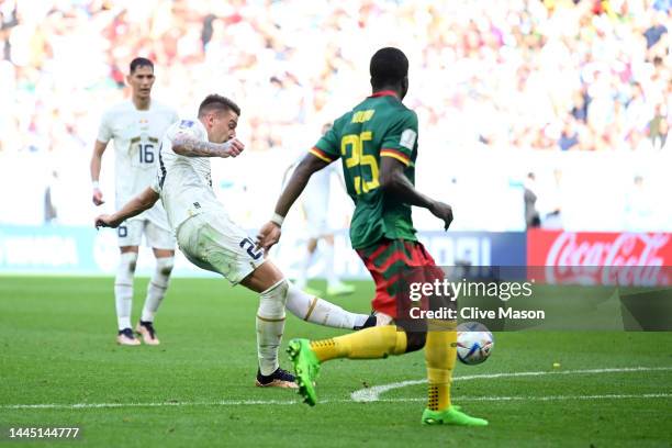 Sergej Milinkovic-Savic of Serbia scores their team's second goal during the FIFA World Cup Qatar 2022 Group G match between Cameroon and Serbia at...