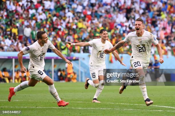 Sergej Milinkovic-Savic of Serbia celebrates after scoring their team's second goal during the FIFA World Cup Qatar 2022 Group G match between...