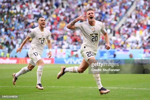 Sergej Milinkovic-Savic of Serbia celebrates after scoring their team's second goal during the FIFA World Cup Qatar 2022 Group G match between...