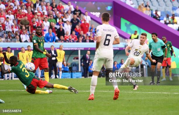Sergej Milinkovic-Savic of Serbia scores their team's second goal during the FIFA World Cup Qatar 2022 Group G match between Cameroon and Serbia at...