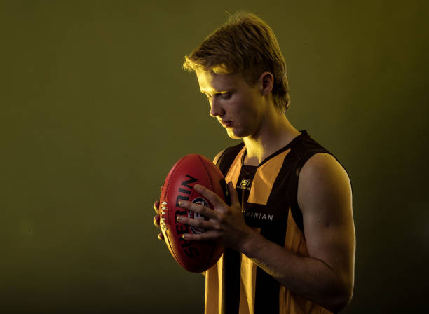 Cameron Mackenzie of Hawthorn poses for a photo during the 2022 AFL Draft at Marvel Stadium on November 28, 2022 in Melbourne, Australia.