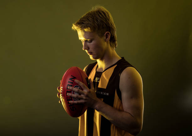 Cameron Mackenzie of Hawthorn poses for a photo during the 2022 AFL Draft at Marvel Stadium on November 28, 2022 in Melbourne, Australia.