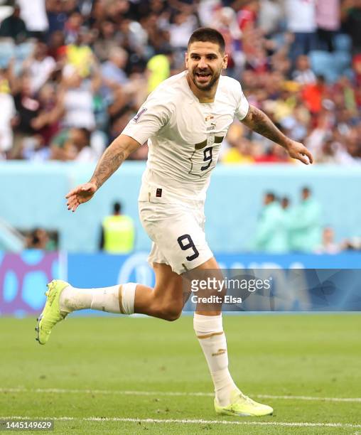 Aleksandar Mitrovic of Serbia celebrates after scoring their team's third goal during the FIFA World Cup Qatar 2022 Group G match between Cameroon...