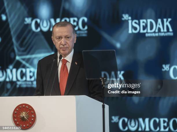 President of Türkiye, Recep Tayyip Erdoğan speaks at The 38th Ministerial Session of the COMCEC on November 28, 2022 in İstanbul, Türkiye.