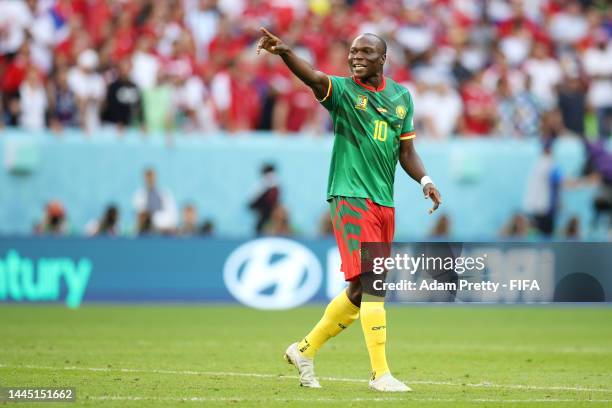 Vincent Aboubakar of Cameroon celebrates after scoring their team's second goal during the FIFA World Cup Qatar 2022 Group G match between Cameroon...