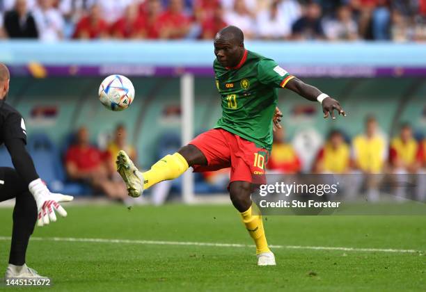 Vincent Aboubakar of Cameroon scores their team's second goal during the FIFA World Cup Qatar 2022 Group G match between Cameroon and Serbia at Al...