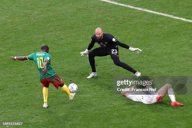 Vincent Aboubakar of Cameroon scores their team's second goal during the FIFA World Cup Qatar 2022 Group G match between Cameroon and Serbia at Al...