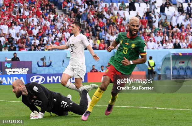 Eric Maxim Choupo-Moting of Cameroon celebrates after scoring their team's third goal during the FIFA World Cup Qatar 2022 Group G match between...