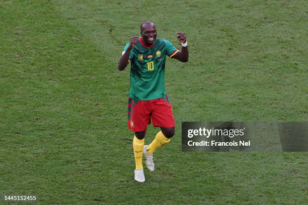 Vincent Aboubakar of Cameroon celebrates after scoring their team's second goal during the FIFA World Cup Qatar 2022 Group G match between Cameroon...