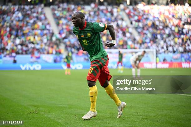 Vincent Aboubakar of Cameroon celebrates their team's third goal by Eric Maxim Choupo-Moting during the FIFA World Cup Qatar 2022 Group G match...