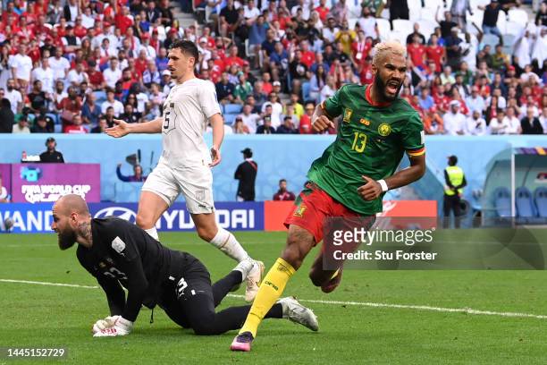 Eric Maxim Choupo-Moting of Cameroon celebrates after scoring their team's third goal during the FIFA World Cup Qatar 2022 Group G match between...