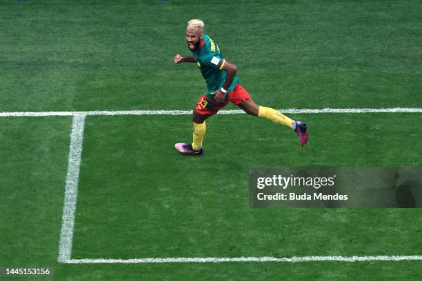 Eric Maxim Choupo-Moting of Cameroon celebrates after scoring their team's third goal during the FIFA World Cup Qatar 2022 Group G match between...